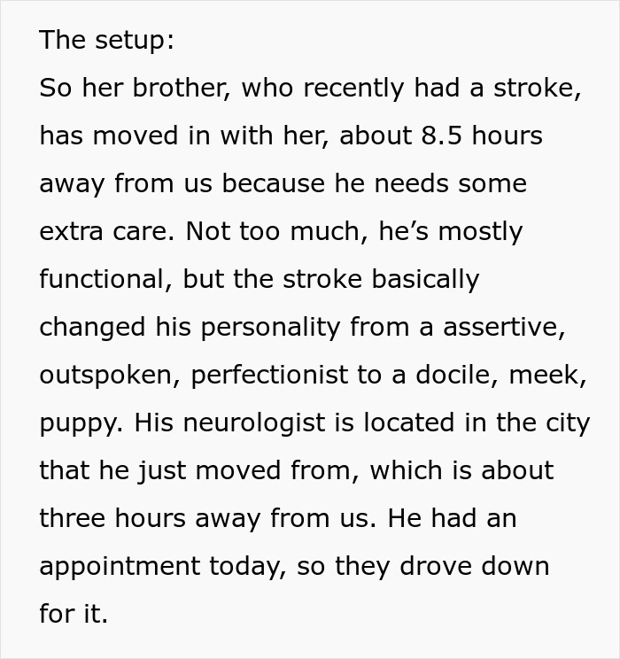 Text describing a brother's stroke and care needs, highlighting mom's stress from MIL's unexpected visits. Text describing a brother's stroke and care needs, highlighting mom's stress from MIL's unexpected visits.