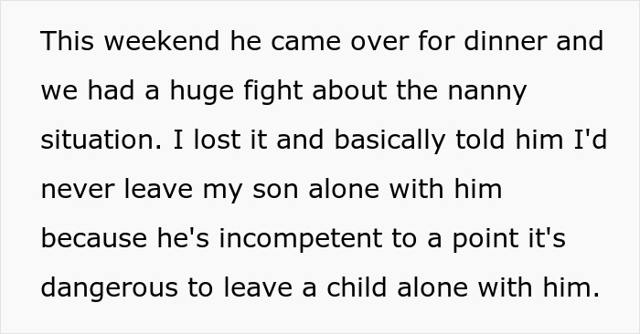 Text discussing a family's conflict over babysitting, mentioning incompetence and safety concerns.