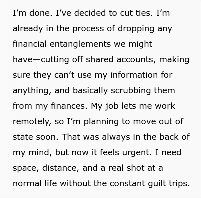 Text on financial decision to protect personal finances, discussing cutting ties and planning to move for a fresh start.