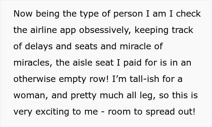 Tall woman checks airline app obsessively for aisle seat availability in empty row for extra legroom.