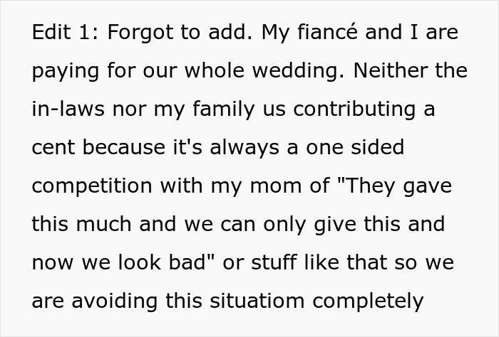 Text message about a couple's struggles with wedding expenses and family dynamics.