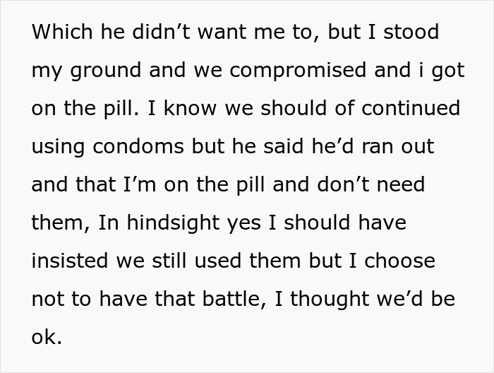 Text image discussing pregnancy prevention choices and a partner's reaction.