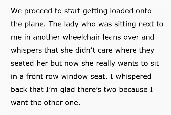 Text about a woman in a wheelchair discussing front row window seats on a plane. Text about a woman in a wheelchair discussing front row window seats on a plane.