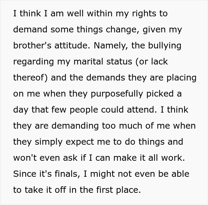 Text screenshot of a woman expressing frustration about being burdened with her brother's wedding chores.