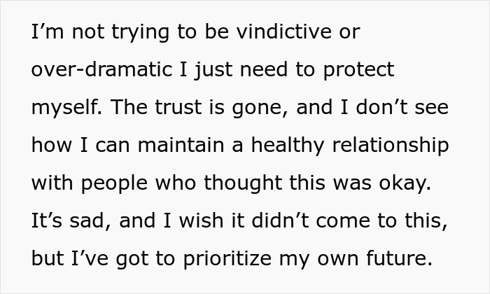 Text displaying a woman prioritizing her finances over family relationships.