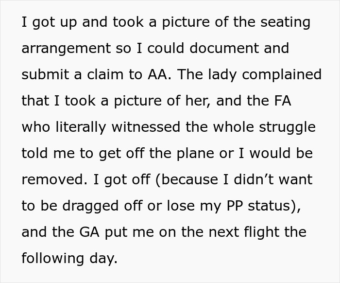 Text recounts a passenger's removal from a plane after taking a photo of an "extremely obese" seatmate during a travel dispute.