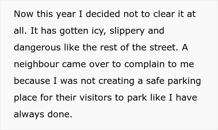 Text discussing neighbor's complaint about snow shoveling.