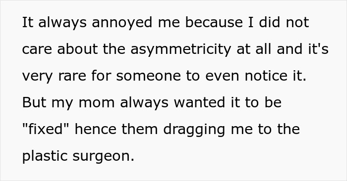 Text about a person discussing healing from a rare birth defect, mentioning asymmetry and a visit to a plastic surgeon. Text about a person discussing healing from a rare birth defect, mentioning asymmetry and a visit to a plastic surgeon.