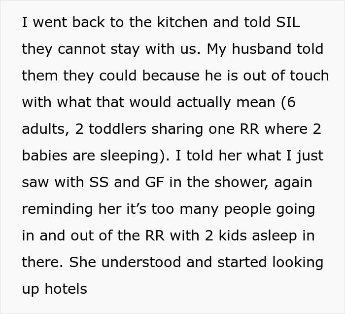 Text discussing in-laws arriving unannounced on vacation, causing tension over sleeping arrangements.