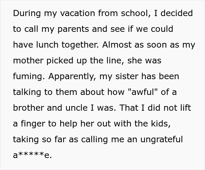 Text conversation about a guy refusing to babysit his sister's kids during his vacation.