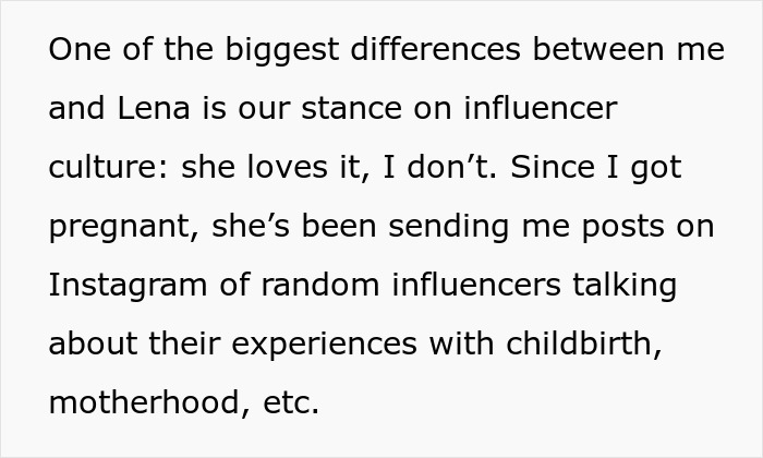 Text about differences in opinions on influencer culture and pregnancy influencer content. Text about differences in opinions on influencer culture and pregnancy influencer content.