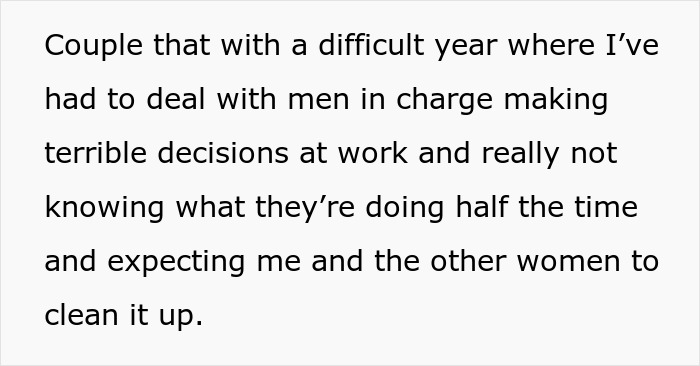 Text on gender and work dynamics highlights a tough year dealing with poor leadership decisions, expecting women to resolve issues.