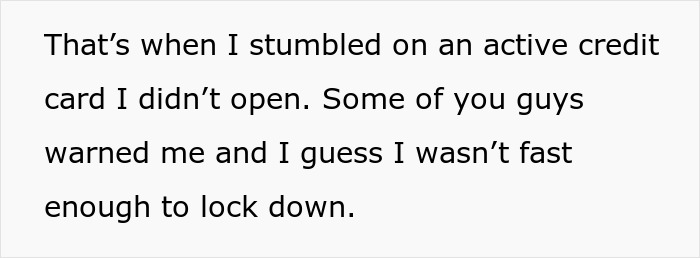 Text about financial mistake with credit card discovery and warnings.