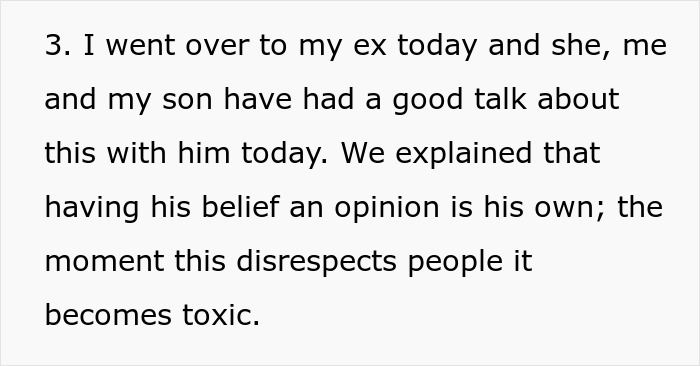 Text from a father's perspective discussing respectful beliefs with his son about chores and gender roles.