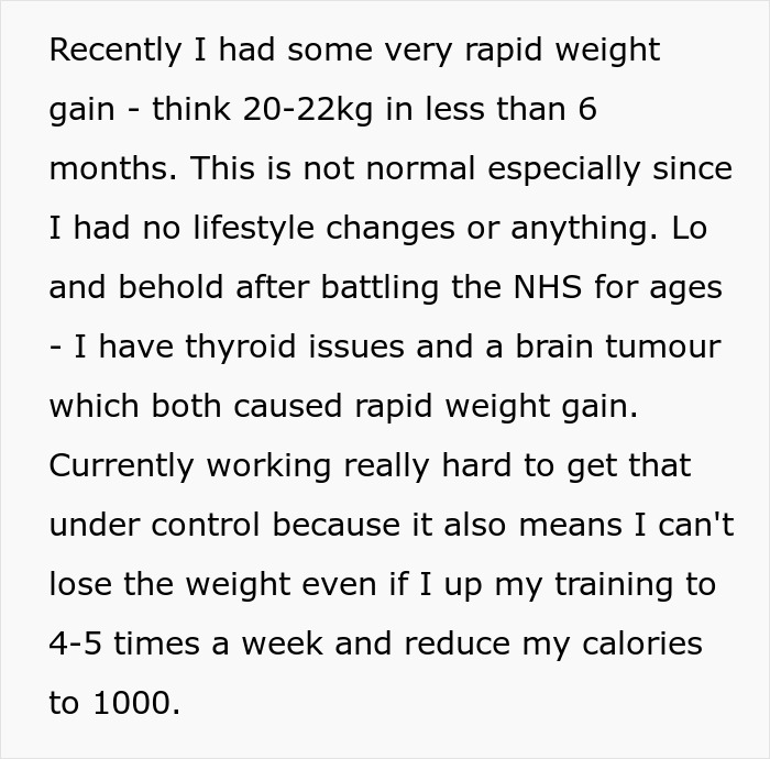 Text discusses rapid weight gain due to thyroid issues and a brain tumor, highlighting the challenges of fat-shaming. Text discusses rapid weight gain due to thyroid issues and a brain tumor, highlighting the challenges of fat-shaming.