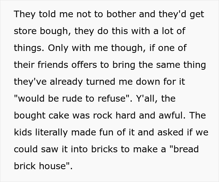 Text about kids making fun of a hard store-bought cake, suggesting to use it as bricks for a "bread brick house.