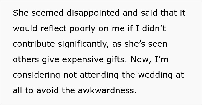Text about skipping best friend's wedding due to unrealistic gift expectations.
