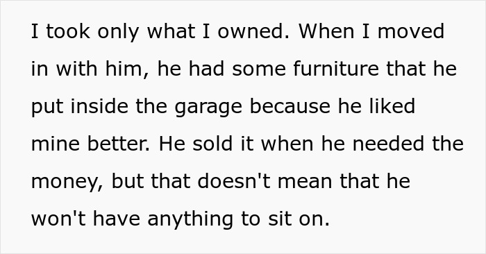 Text discussing a man's choice involving a toxic sibling and his girlfriend, mentioning furniture decisions and consequences. Text discussing a man's choice involving a toxic sibling and his girlfriend, mentioning furniture decisions and consequences.