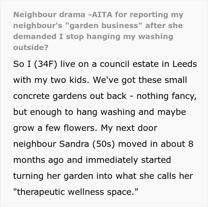 Text image discussing neighbor drama about garden space and hanging washing outside.
