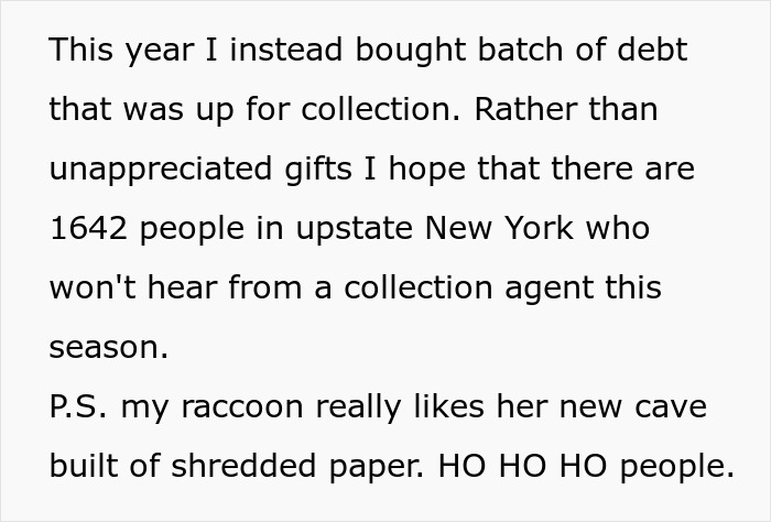 Text about clearing debt for 1642 people in New York instead of buying gifts. Text about clearing debt for 1642 people in New York instead of buying gifts.