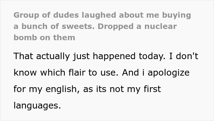 Text exchange about teens laughing at a woman buying candy.