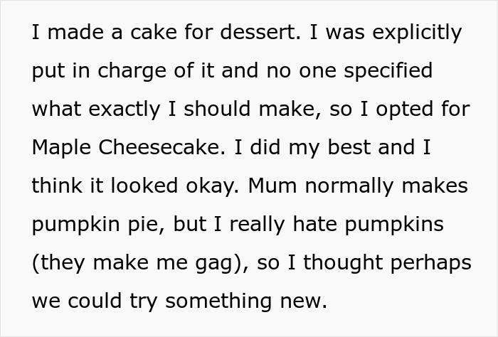 Text about a person making a maple cheesecake for Thanksgiving dessert.