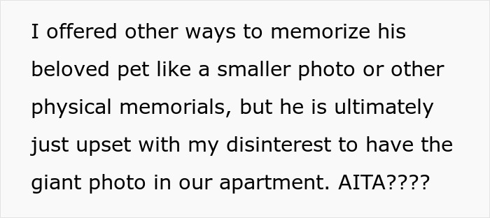 Text describing a discussion about a large photo of a late dog in the apartment. Text describing a discussion about a large photo of a late dog in the apartment.