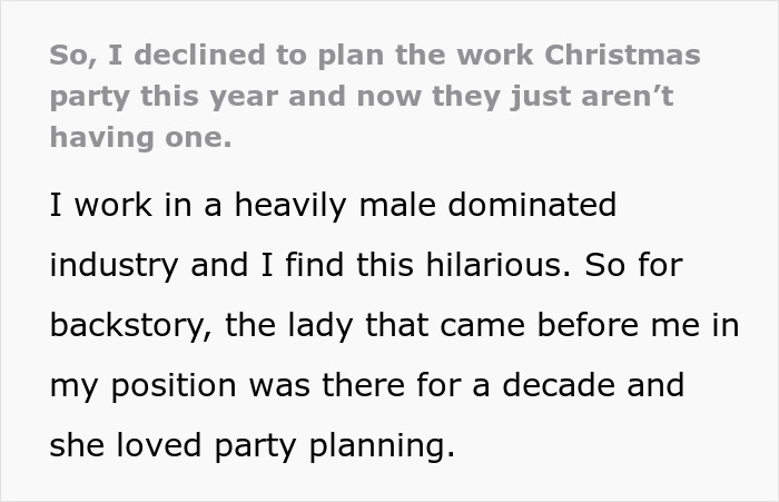 Text about a woman declining Christmas party planning in a male-dominated office, highlighting gender roles.