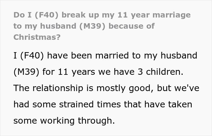 Text discussing marital struggles around Christmas, with a woman considering divorce after years of holiday tensions.