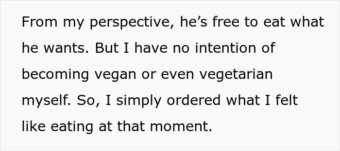 Text about ordering food preferences on a vegan date, addressing personal dietary choices confidently.