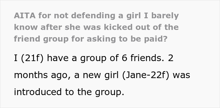 Text discussing a new girl being removed from a friend group over money claims for services. Text discussing a new girl being removed from a friend group over money claims for services.