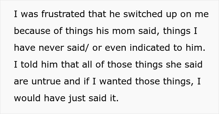 Text discussing frustration over partner prioritizing mother's opinions in gift-giving.