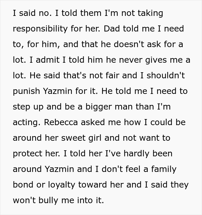 Text discussing a teen's refusal to accept responsibility for his disabled stepsister.