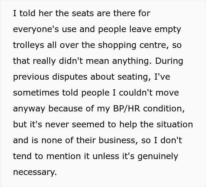 Text describes a dispute over seating at a shopping mall involving an angry woman demanding a seat.
