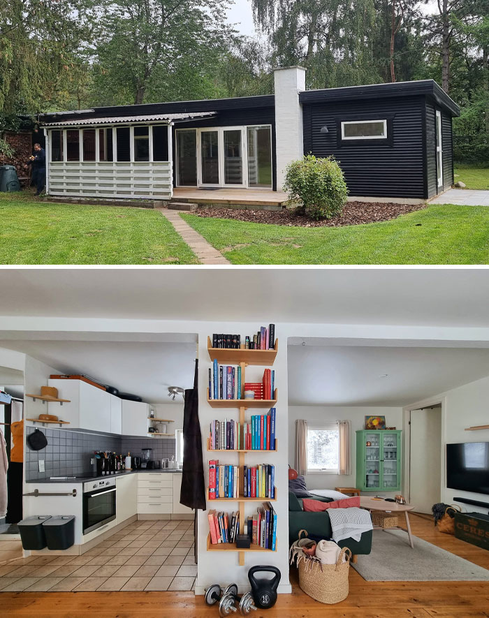 Tiny home exterior and cozy interior with kitchen and living area.