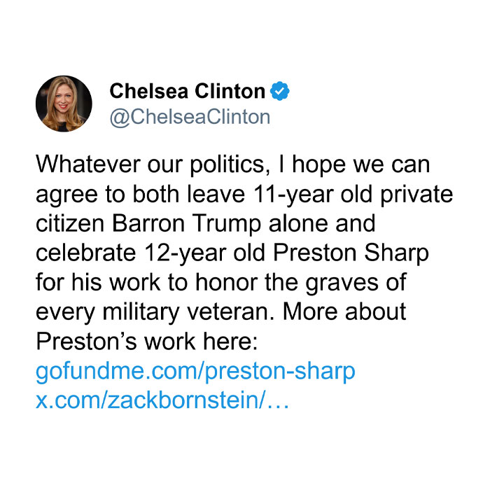 Chelsea Clinton's tweet about Barron Trump and Preston Sharp's patriotic work.