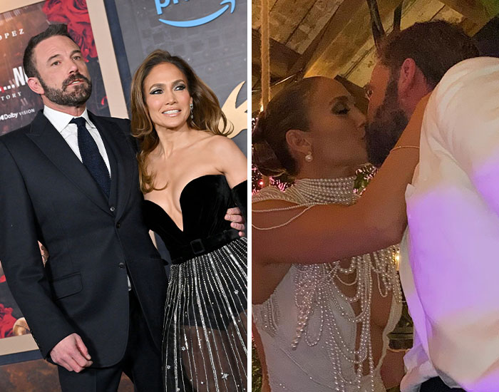 Jennifer Lopez and Ben Affleck at a red carpet event and sharing a kiss at a party, highlighting celebrity scandals 2024.