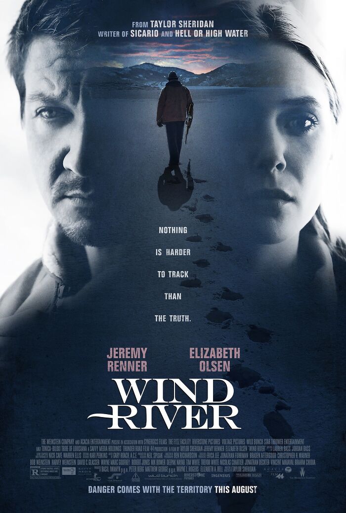 Poster of “Wind River,” featuring dramatic faces and snowy landscape.