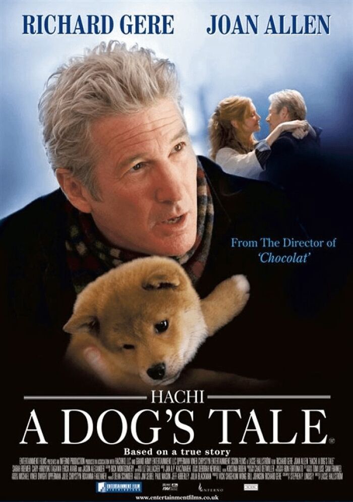 Movie poster for "Hachi: A Dog's Tale" featuring a man with a puppy.