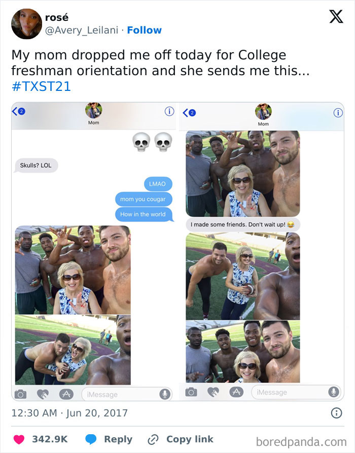 Text exchange showing a mom at college orientation with new friends. Funniest texts of 2024.