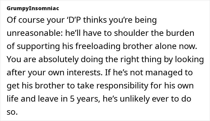 Text discussing a woman's frustration with her freeloader brother-in-law and making a decision to move out.