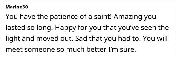 "Comment praising a woman for moving out after dealing with a deadbeat freeloader BIL.
