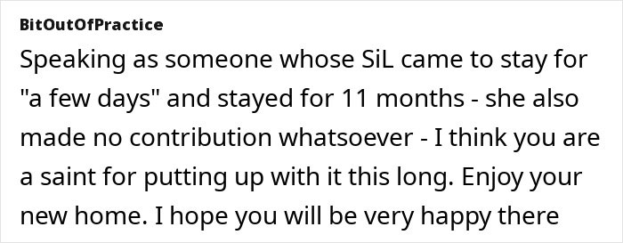 Comment from BitOutOfPractice about a relative overstaying their welcome and not contributing.