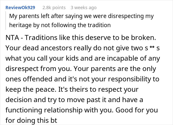 Screenshot of a Reddit comment discussing breaking family tradition in naming a baby. Screenshot of a Reddit comment discussing breaking family tradition in naming a baby.