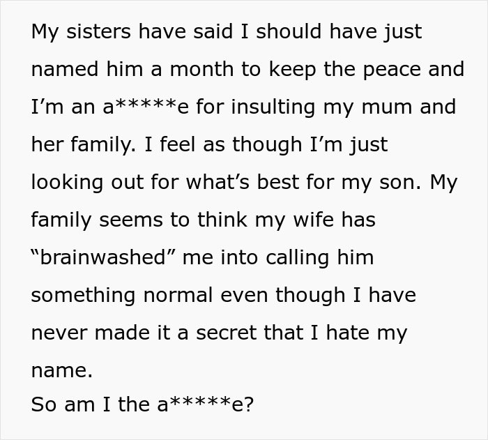 Text discussing breaking family tradition in baby naming conflict with relatives. Text discussing breaking family tradition in baby naming conflict with relatives.