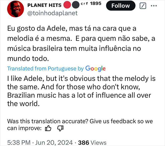 A tweet claims Adele's song has plagiarism issues, asserting Brazilian music influence globally.