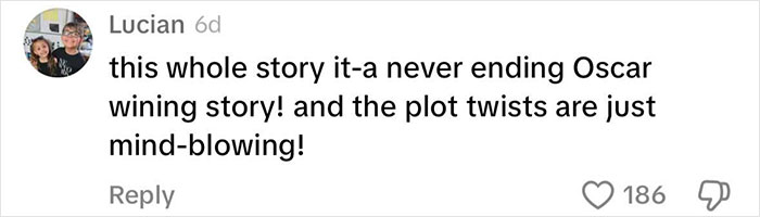 Comment about plot twists related to Luigi Mangione's family nursing facilities, expressing surprise and intrigue.