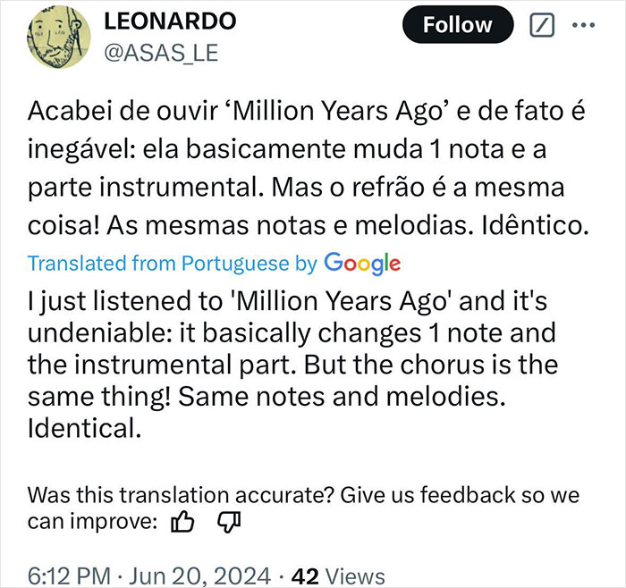 Tweet discussing Adele song's similarity and plagiarism claims.