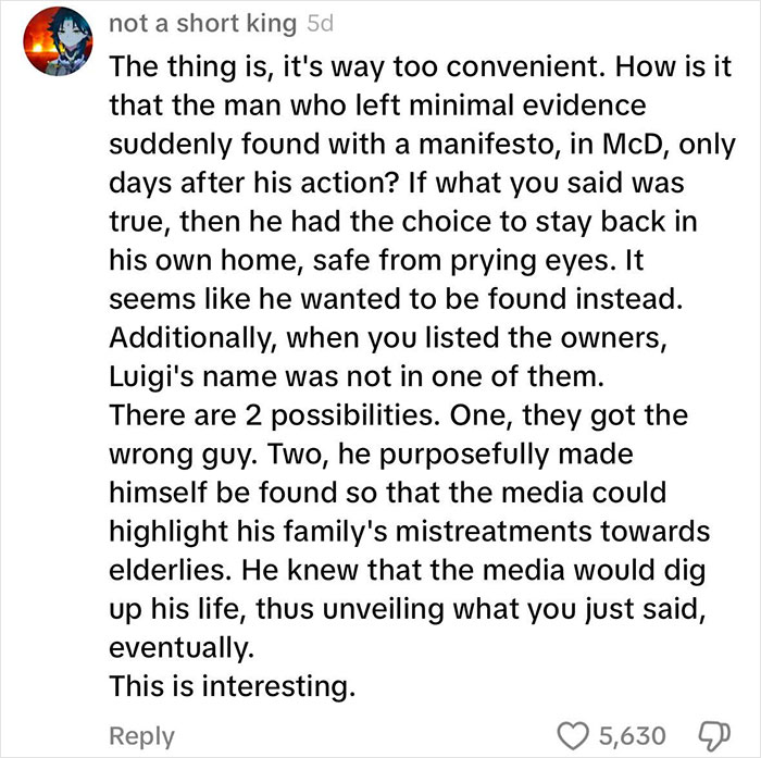 Comment discussing Luigi Mangione's family nursing facilities and potential media strategy.