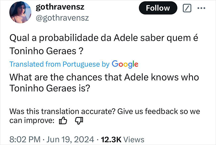 Tweet questioning Adele's awareness of Toninho Geraes amid plagiarism claim. Translation provided.